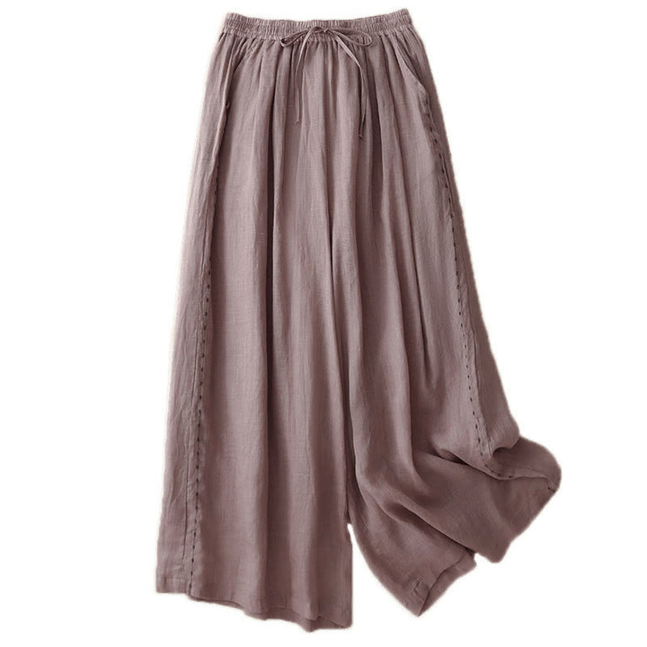 Buddha Stones Commute Solid Color Embroidery Drawstring Women's Wide Leg Ankle-Length Cotton Pants With Pockets - image 19