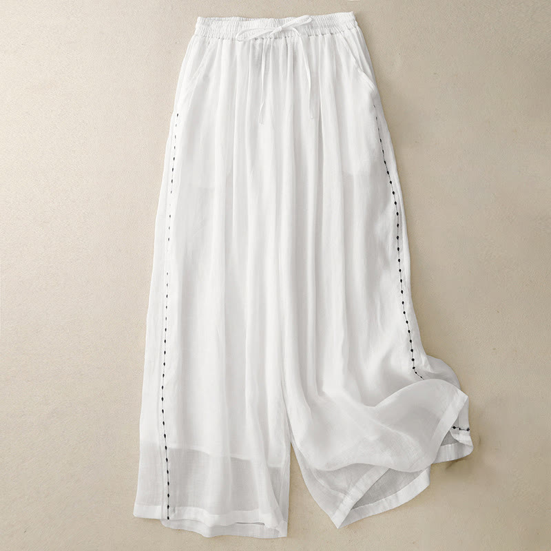 Buddha Stones Commute Solid Color Embroidery Drawstring Women's Wide Leg Ankle-Length Cotton Pants With Pockets - White - US8-10，UK/AU12-14，EU40-42 (2XL) - image 8