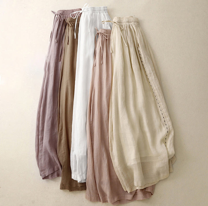 Buddha Stones Commute Solid Color Embroidery Drawstring Women's Wide Leg Ankle-Length Cotton Pants With Pockets - image 23