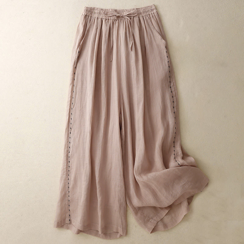 Buddha Stones Commute Solid Color Embroidery Drawstring Women's Wide Leg Ankle-Length Pants With Pockets - DarkSalmon - US8-10，UK/AU12-14，EU40-42 (2XL) - image 12