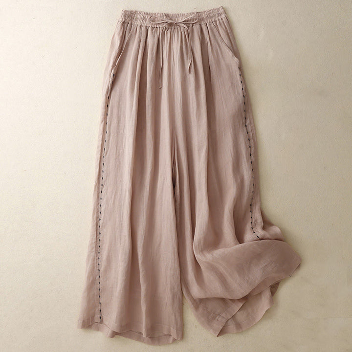 Buddha Stones Commute Solid Color Embroidery Drawstring Women's Wide Leg Ankle-Length Cotton Pants With Pockets - DarkSalmon - US8-10，UK/AU12-14，EU40-42 (2XL) - image 12