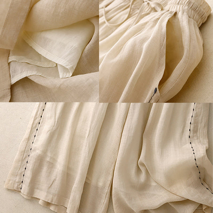 Buddha Stones Commute Solid Color Embroidery Drawstring Women's Wide Leg Ankle-Length Cotton Pants With Pockets - image 7