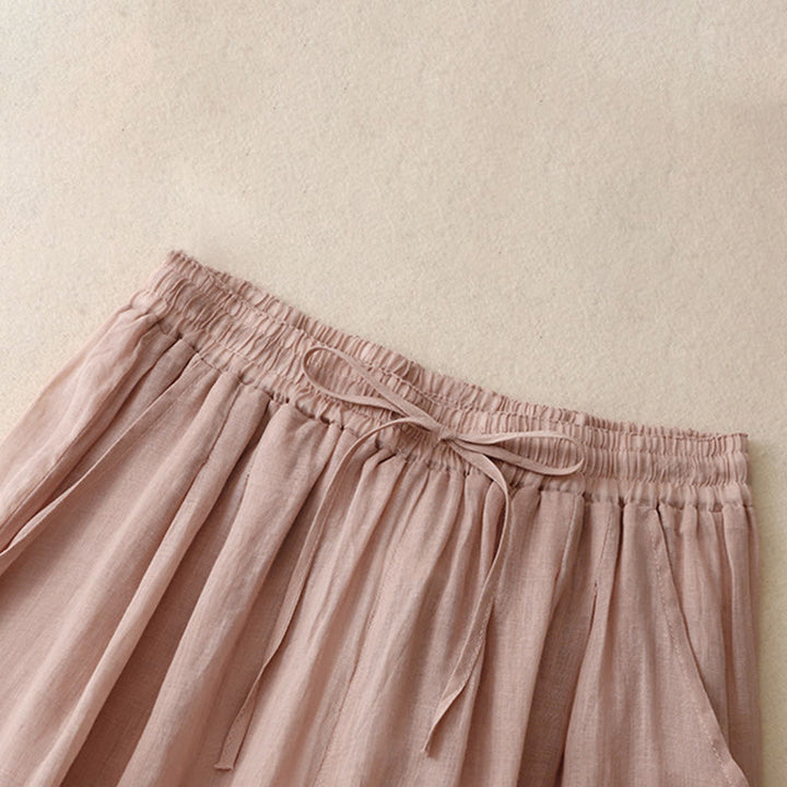 Buddha Stones Commute Solid Color Embroidery Drawstring Women's Wide Leg Ankle-Length Cotton Pants With Pockets - image 13