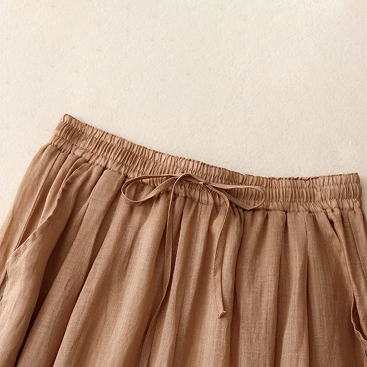 Buddha Stones Commute Solid Color Embroidery Drawstring Women's Wide Leg Ankle-Length Cotton Pants With Pockets - image 21