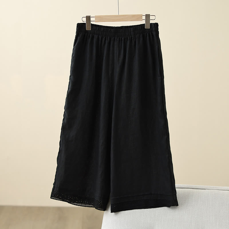 Buddha Stones Commute Retro Plain Lace Patchwork Design 7-8 Length Women's Wide Leg Cotton Pants With Pockets - Black - US8-10，UK/AU12-14，EU40-42 (2XL) - image 23