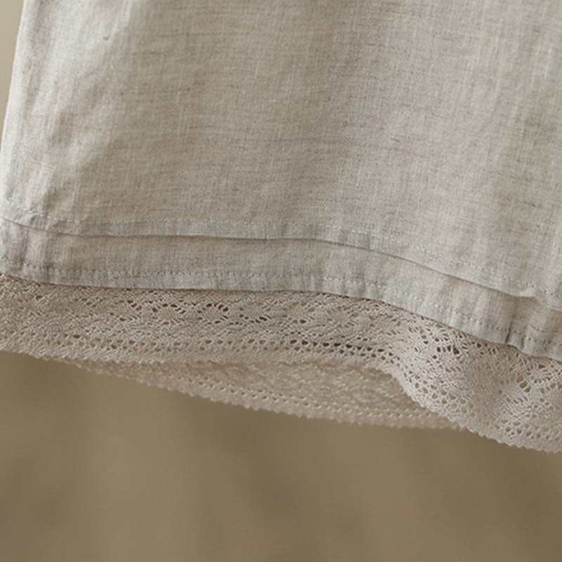 Buddha Stones Commute Retro Plain Lace Patchwork Design 7-8 Length Women's Wide Leg Cotton Pants With Pockets - image 8