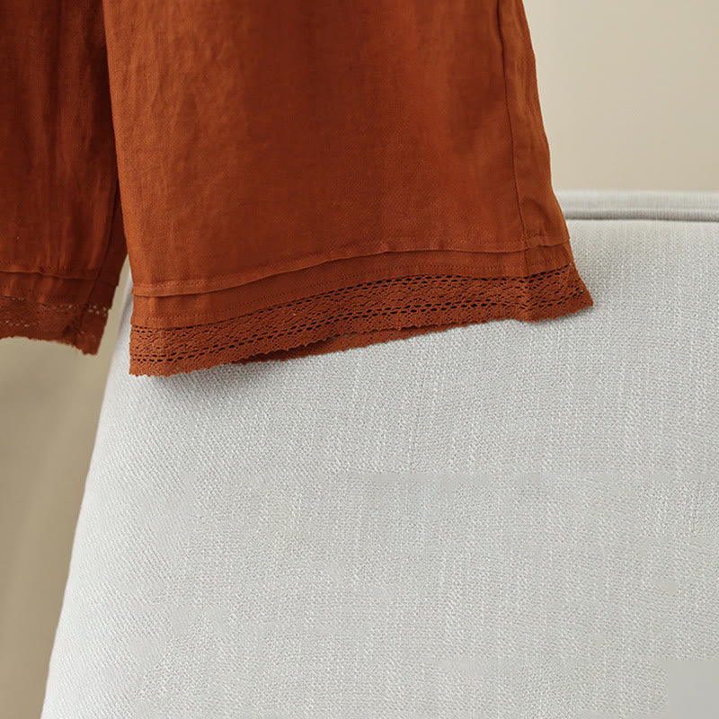 Buddha Stones Commute Retro Plain Lace Patchwork Design 7-8 Length Women's Wide Leg Cotton Pants With Pockets - image 17