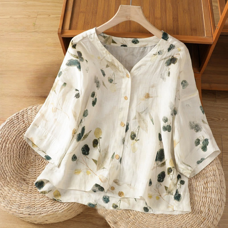 Buddha Stones Plant Printed V-neck Button Design Women's Polyester Three Quarter Sleeve Shirt - Ivory - US14，UK/AU18，EU46 (2XL) - image 0