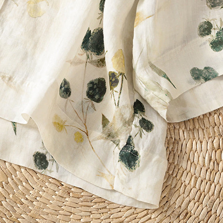 Buddha Stones Plant Printed V-neck Button Design Women's Polyester Three Quarter Sleeve Shirt - image 6