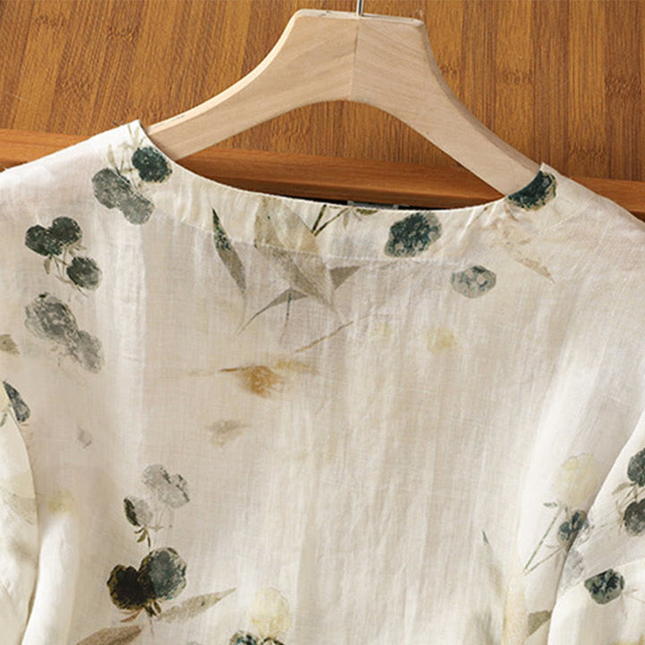 Buddha Stones Plant Printed V-neck Button Design Women's Polyester Three Quarter Sleeve Shirt Cardigan - image 4