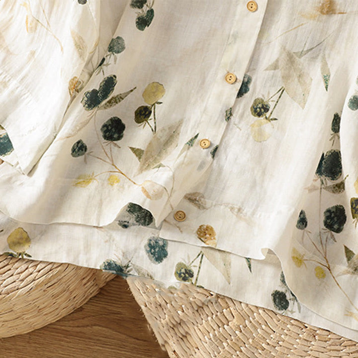 Buddha Stones Plant Printed V-neck Button Design Women's Polyester Three Quarter Sleeve Shirt - image 5