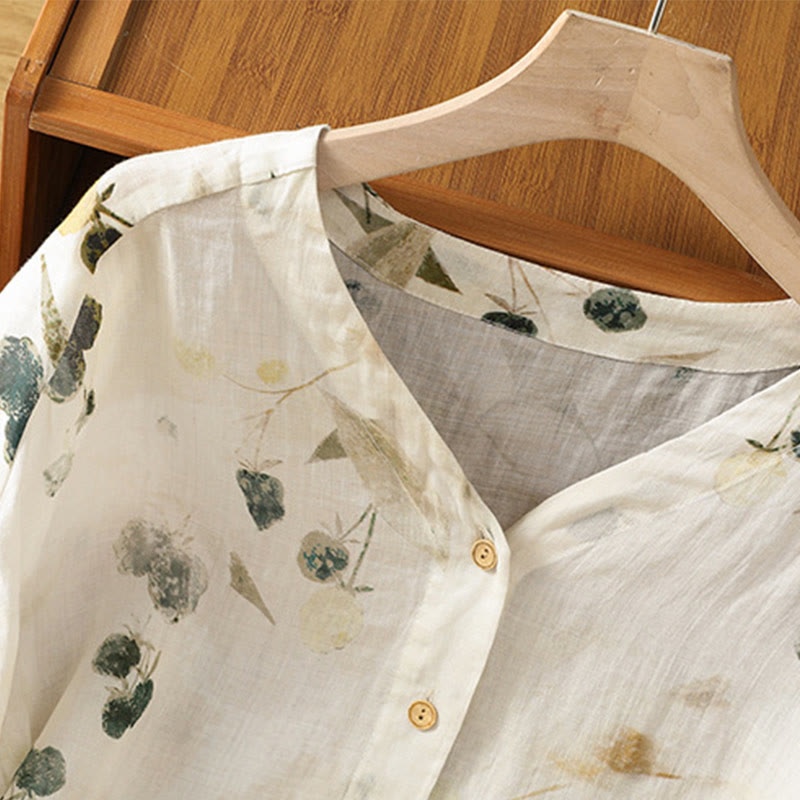 Buddha Stones Plant Printed V-neck Button Design Women's Polyester Three Quarter Sleeve Shirt - image 3