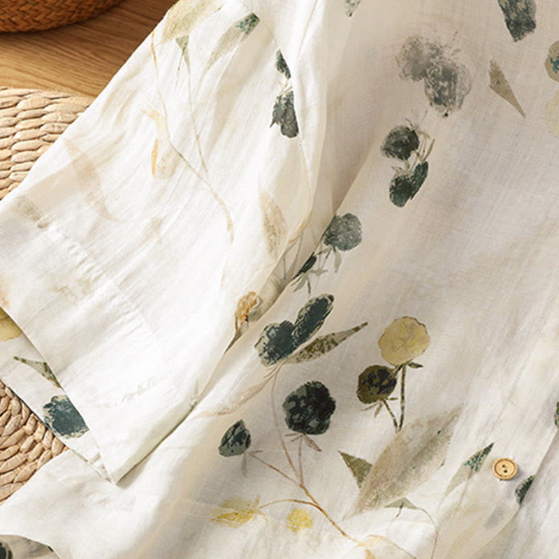 Buddha Stones Plant Printed V-neck Button Design Women's Polyester Three Quarter Sleeve Shirt Cardigan - image 7