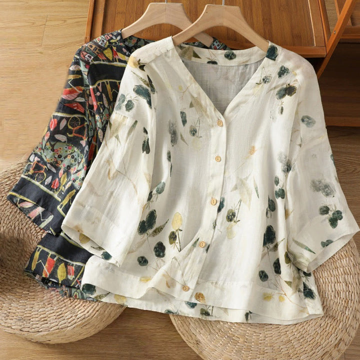 Buddha Stones Plant Printed V-neck Button Design Women's Polyester Three Quarter Sleeve Shirt - image 16