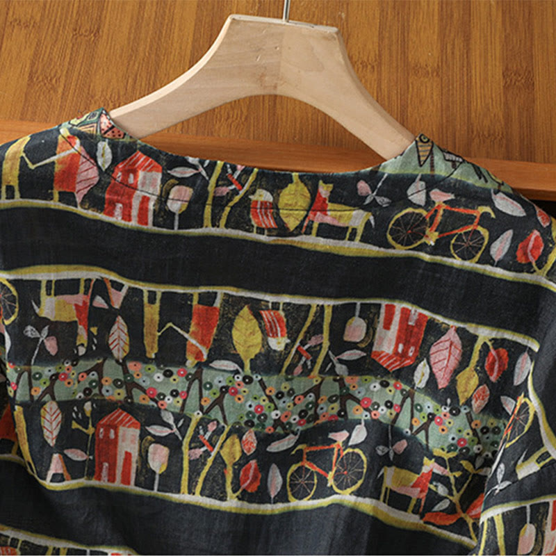 Buddha Stones Plant Printed V-neck Button Design Women's Polyester Three Quarter Sleeve Shirt - image 11