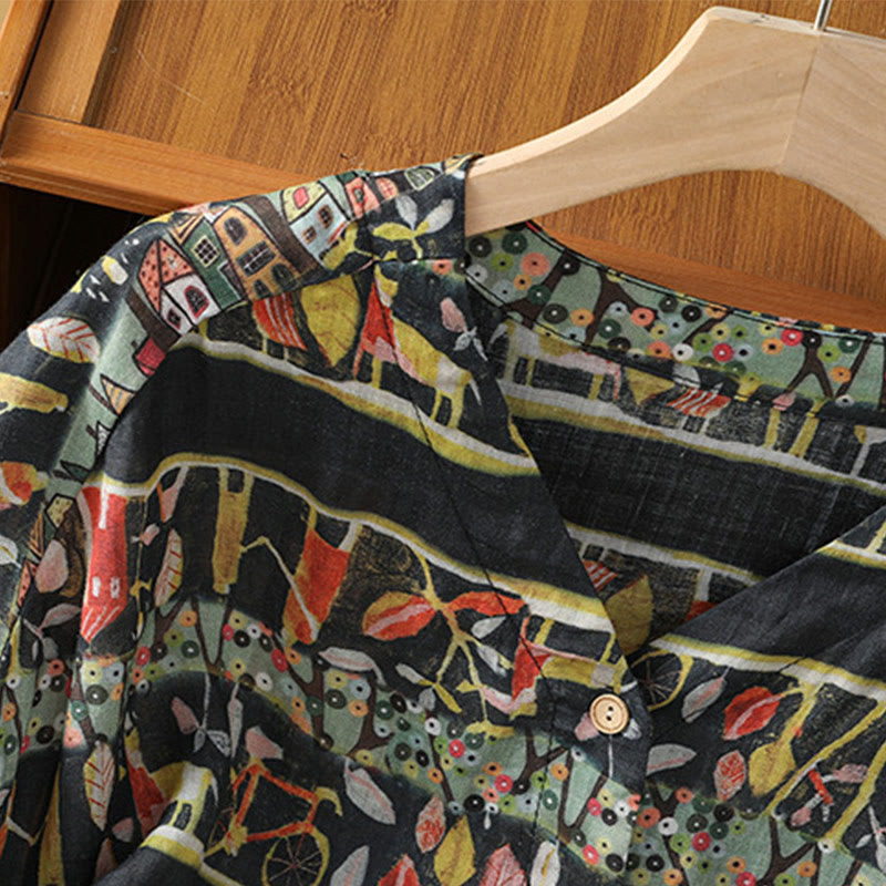 Buddha Stones Plant Printed V-neck Button Design Women's Polyester Three Quarter Sleeve Shirt - image 13