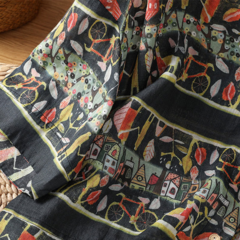 Buddha Stones Plant Printed V-neck Button Design Women's Polyester Three Quarter Sleeve Shirt - image 12