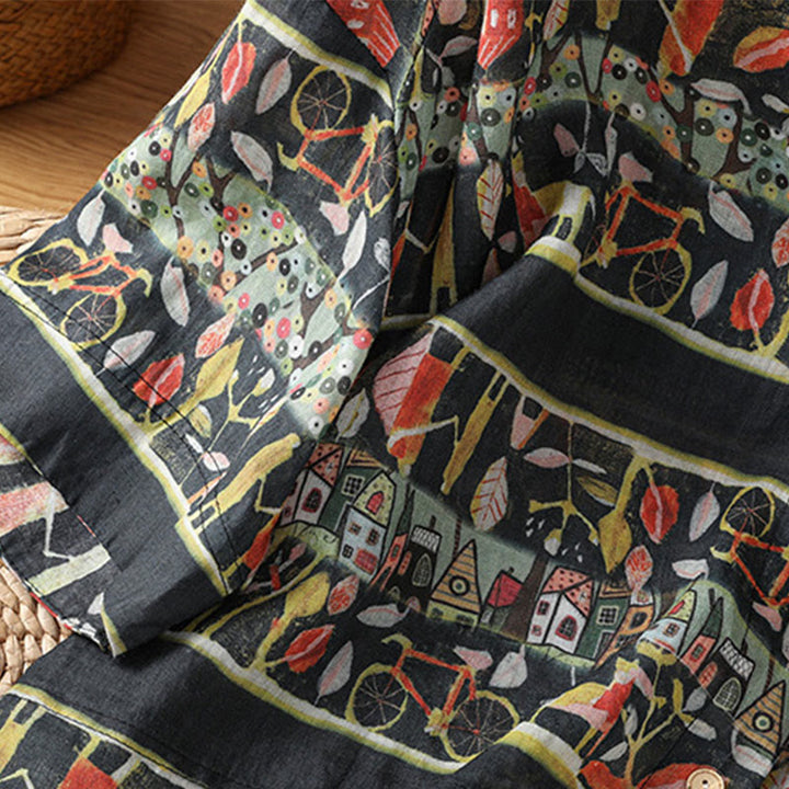 Buddha Stones Plant Printed V-neck Button Design Women's Polyester Three Quarter Sleeve Shirt - image 12