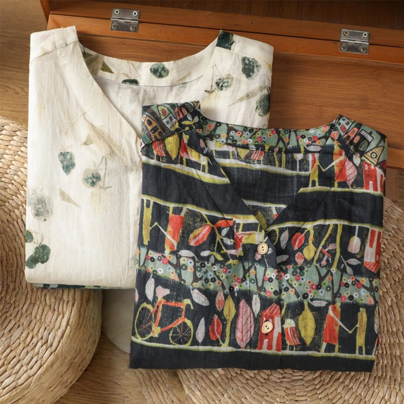 Buddha Stones Plant Printed V-neck Button Design Women's Polyester Three Quarter Sleeve Shirt - image 17