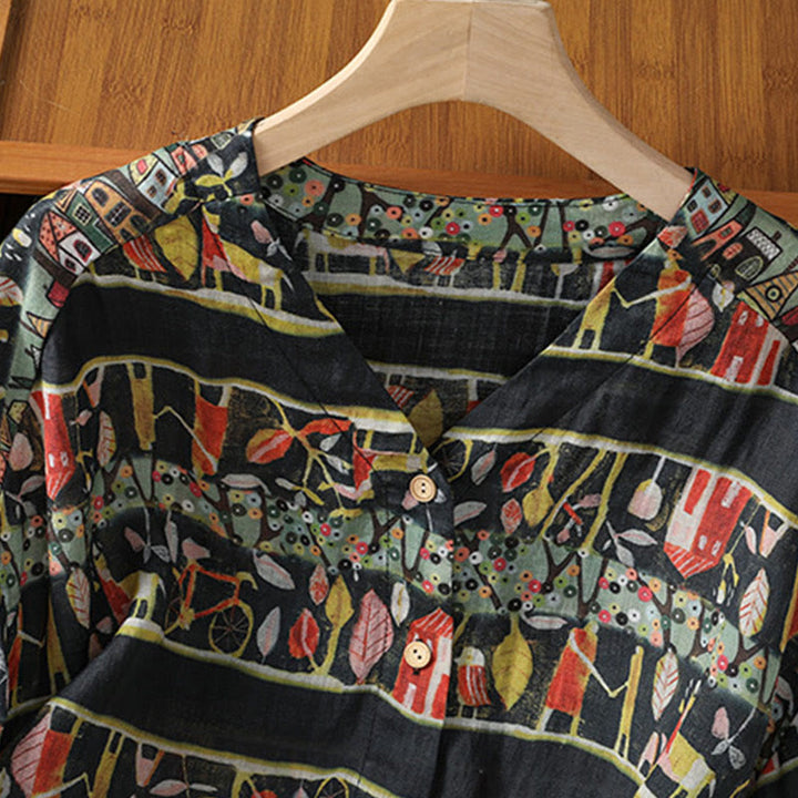 Buddha Stones Plant Printed V-neck Button Design Women's Polyester Three Quarter Sleeve Shirt - image 14