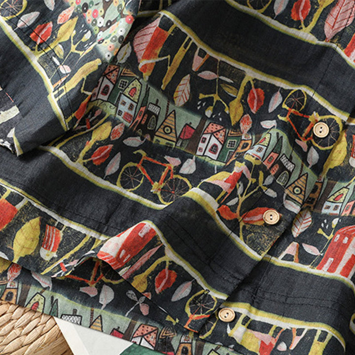 Buddha Stones Plant Printed V-neck Button Design Women's Polyester Three Quarter Sleeve Shirt - image 15