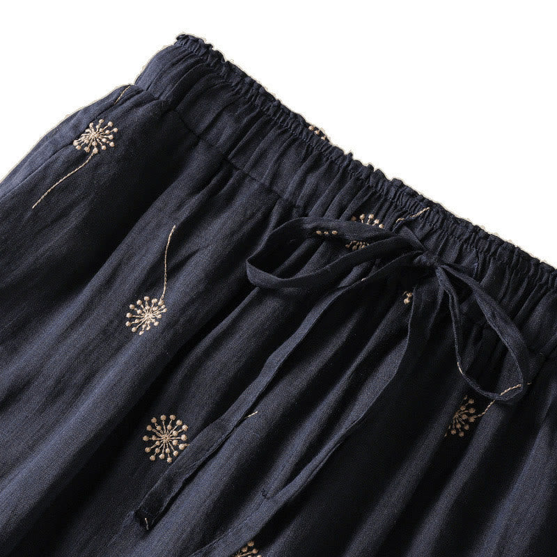 Buddha Stones MidnightBlue Commute Casual Dandelion Pattern Women's Wide Leg Cotton Linen Pants - image 8