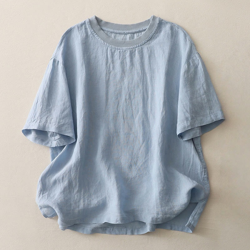 Buddha Stones Plain Threaded Crew Neck Design Women's Polyester Short Sleeves Shirt - LightSkyBlue - US14，UK/AU18，EU46 (2XL) - image 0