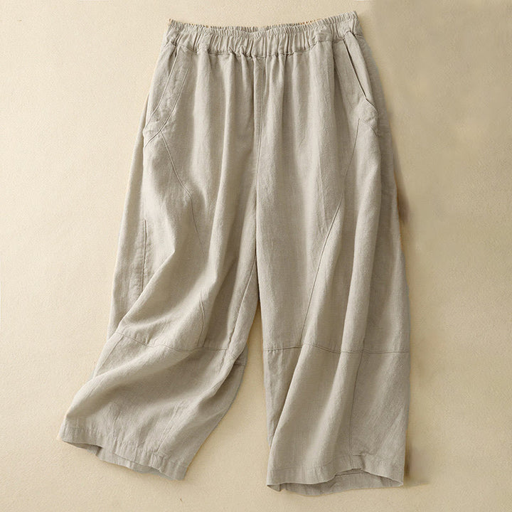 Buddha Stones Commute Casual Pure Color Women's Wide Leg Cotton Cropped Pants With Pockets - Linen - US8-10，UK/AU12-14，EU40-42 (2XL) - image 0