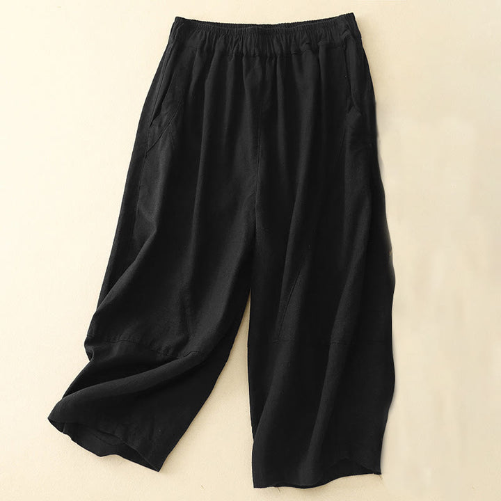Buddha Stones Commute Casual Pure Color Women's Wide Leg Cotton Cropped Pants With Pockets - Black - US8-10，UK/AU12-14，EU40-42 (2XL) - image 6