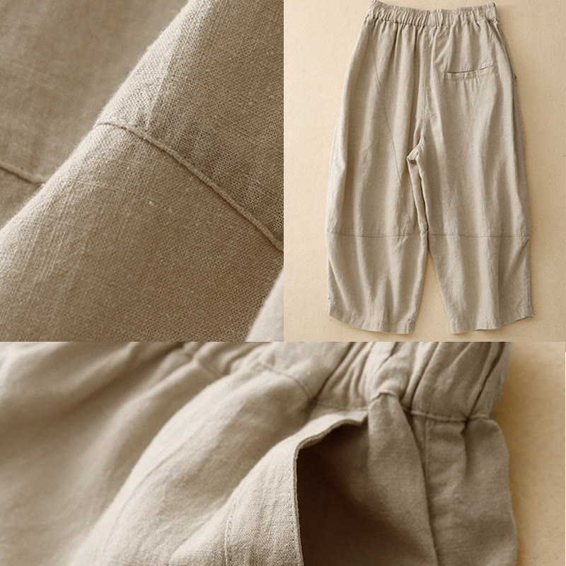 Buddha Stones Commute Casual Pure Color Women's Wide Leg Cotton Cropped Pants With Pockets - image 5