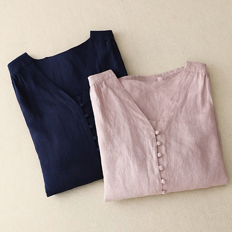 Buddha Stones V-Neck Design Women's Cotton Linen Long Sleeve Shirt - image 1