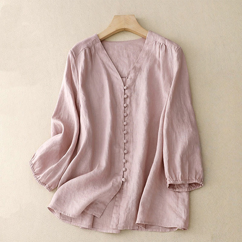 Buddha Stones V-Neck Design Women's Cotton Linen Long Sleeve Shirt - Pink - US8-10，UK/AU12-14，EU40-42 (2XL) - image 0
