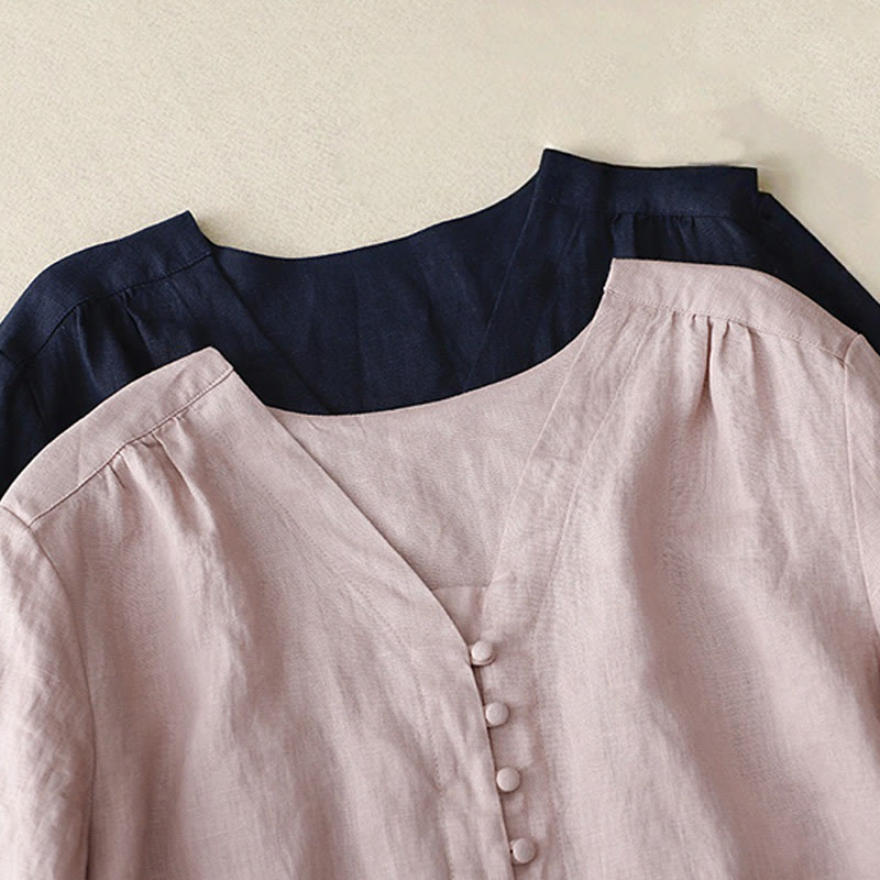 Buddha Stones V-Neck Design Women's Cotton Linen Long Sleeve Shirt - image 8