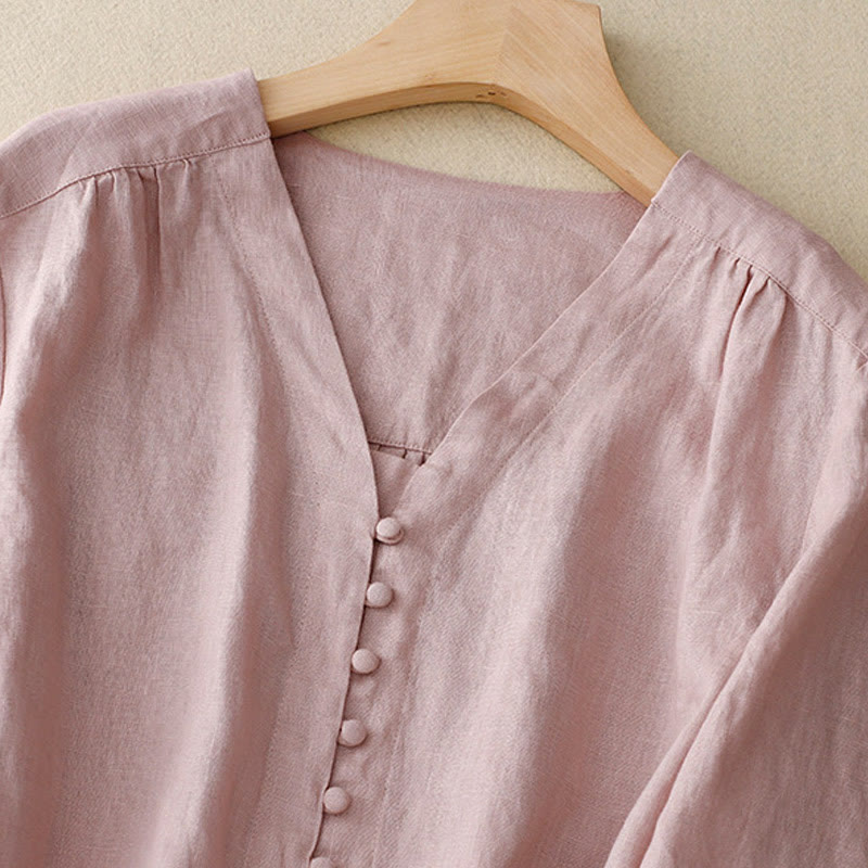 Buddha Stones V-Neck Design Women's Cotton Linen Long Sleeve Shirt - image 2