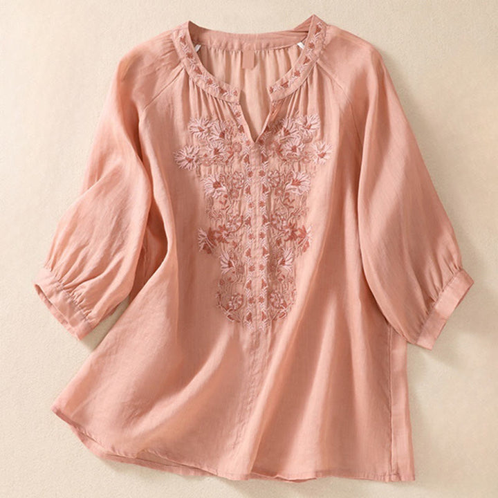 Buddha Stones Embroiderd Design Women's Cotton Linen Three Quarter Sleeve Shirt