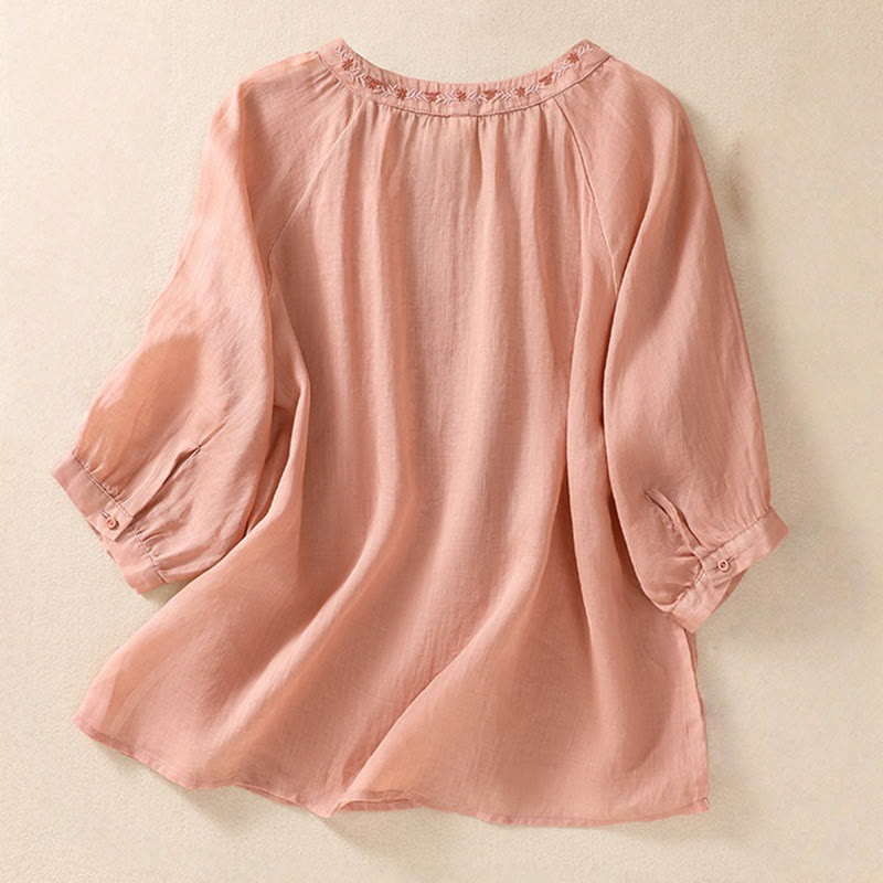 Buddha Stones Embroiderd Design Women's Cotton Linen Three Quarter Sleeve Shirt