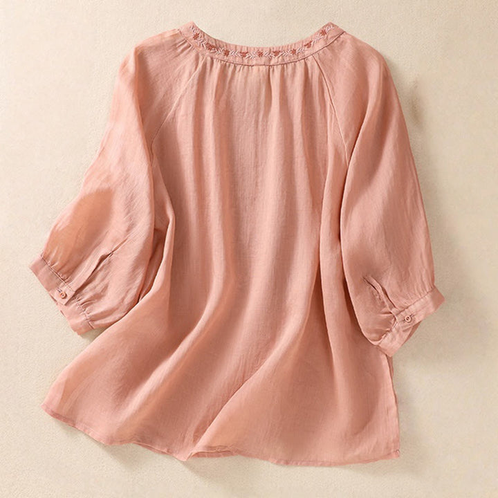 Buddha Stones Embroiderd Design Women's Cotton Linen Three Quarter Sleeve Shirt