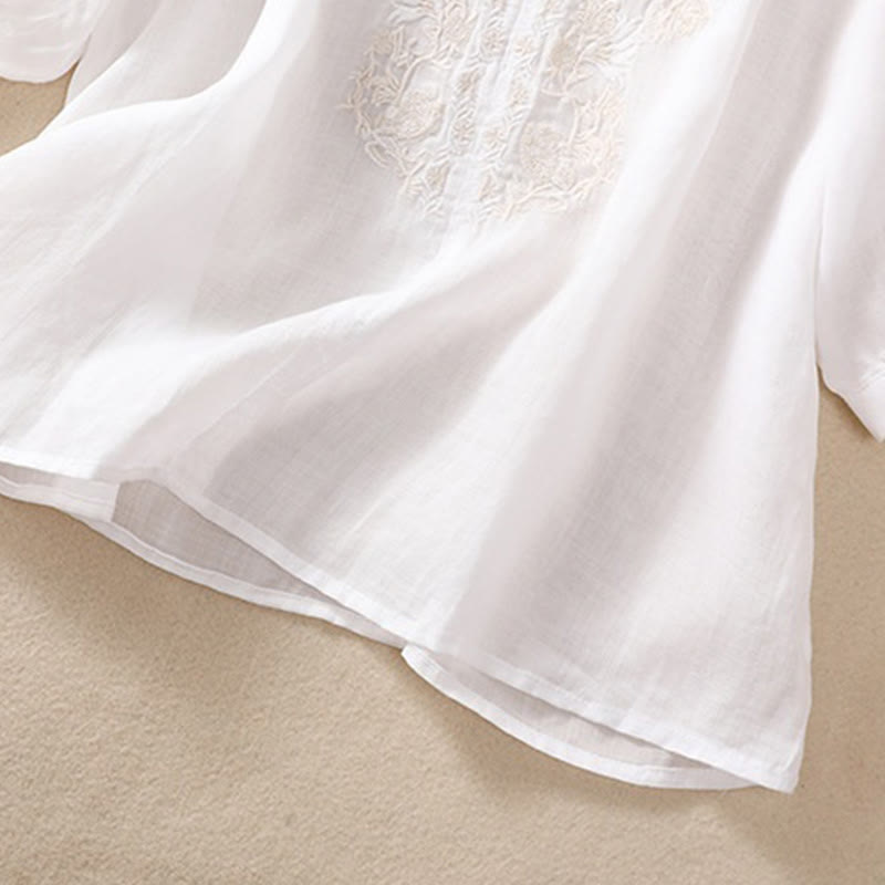 Buddha Stones Embroiderd Design Women's Cotton Linen Three Quarter Sleeve Shirt