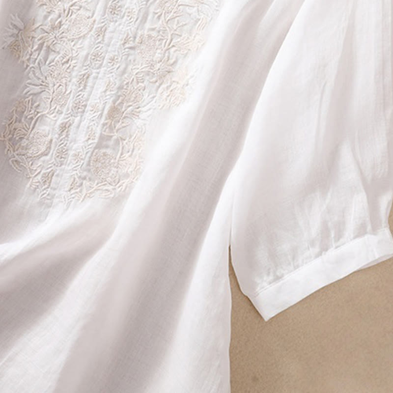 Buddha Stones Embroiderd Design Women's Cotton Linen Three Quarter Sleeve Shirt