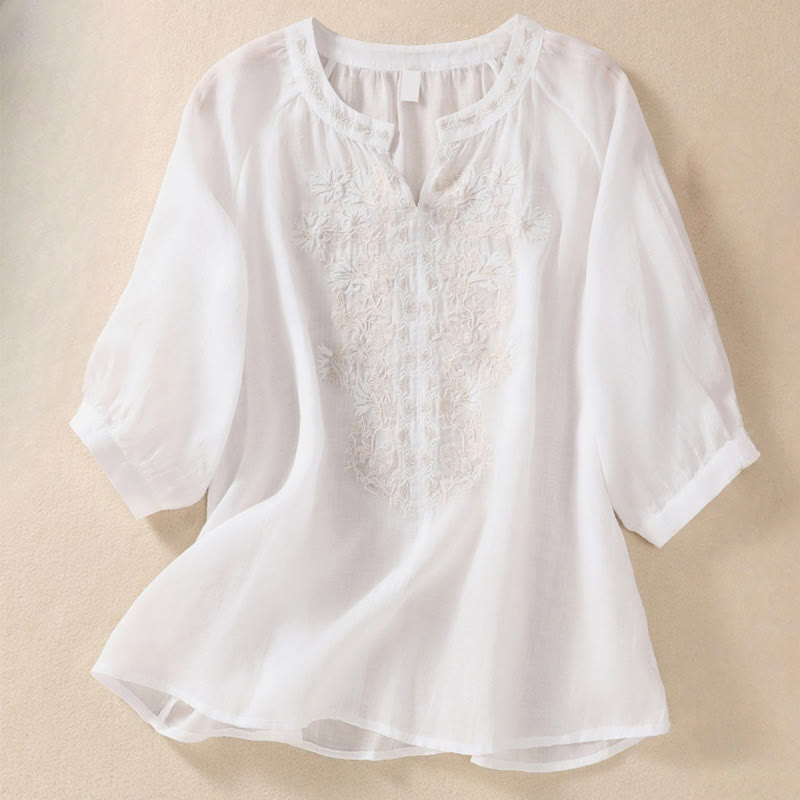 Buddha Stones Embroiderd Design Women's Cotton Linen Three Quarter Sleeve Shirt