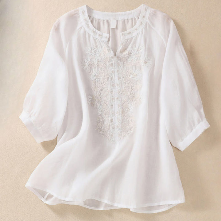 Buddha Stones Embroiderd Design Women's Cotton Linen Three Quarter Sleeve Shirt