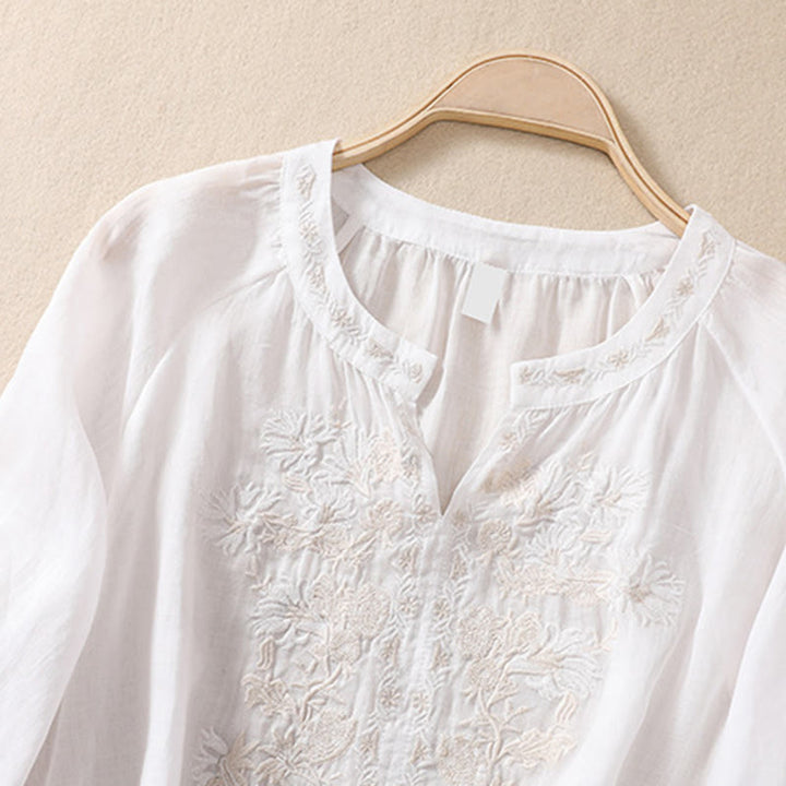Buddha Stones Embroiderd Design Women's Cotton Linen Three Quarter Sleeve Shirt