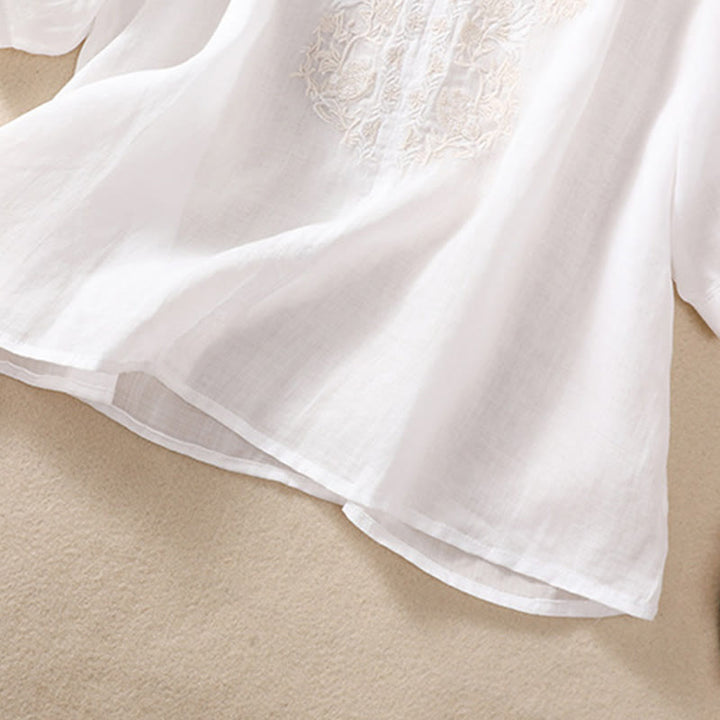 Buddha Stones Embroiderd Design Women's Cotton Linen Three Quarter Sleeve Shirt