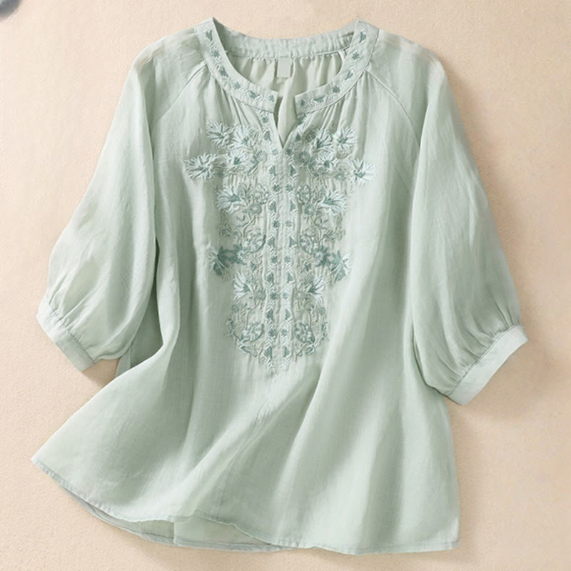 Buddha Stones Embroiderd Design Women's Cotton Linen Three Quarter Sleeve Shirt