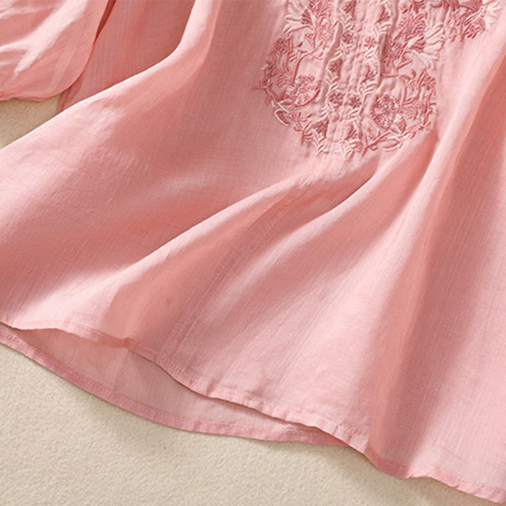 Buddha Stones Embroiderd Design Women's Cotton Linen Three Quarter Sleeve Shirt
