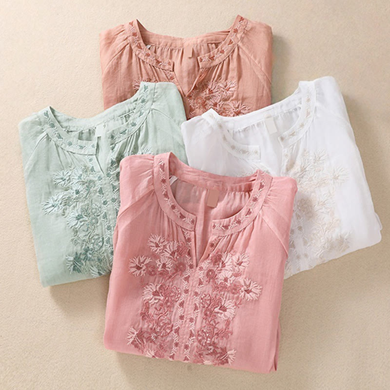 Buddha Stones Embroiderd Design Women's Cotton Linen Three Quarter Sleeve Shirt