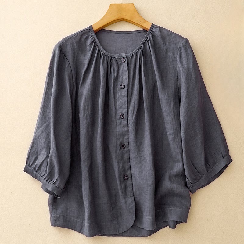 Buddha Stones Plain Button Crew Neck Design Women's Cotton blend Three Quarter Sleeve Shirt - Navy - US14，UK/AU18，EU46 (2XL) - image 0