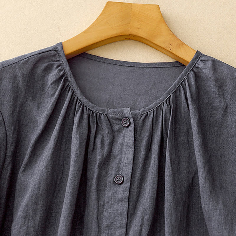 Buddha Stones Plain Button Crew Neck Design Women's Cotton blend Three Quarter Sleeve Shirt - image 1
