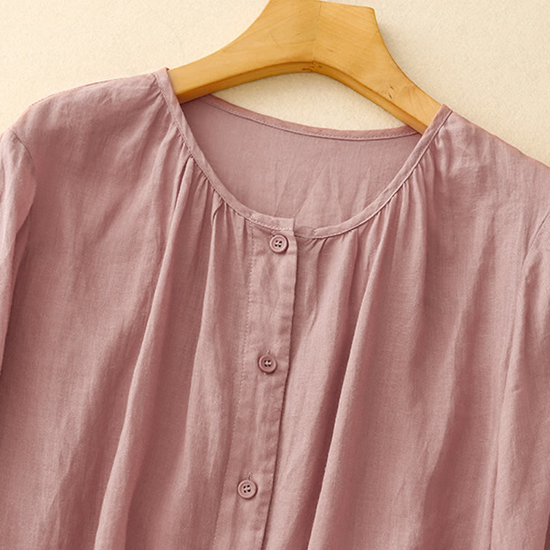 Buddha Stones Plain Button Crew Neck Design Women's Cotton blend Three Quarter Sleeve Shirt - image 6