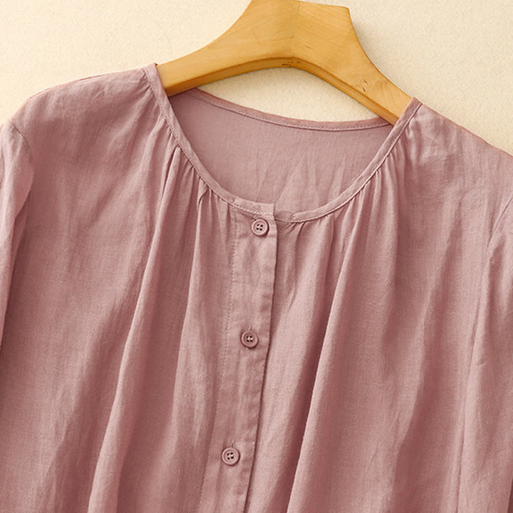 Buddha Stones Plain Button Crew Neck Design Women's Cotton blend Three Quarter Sleeve Shirt - image 6